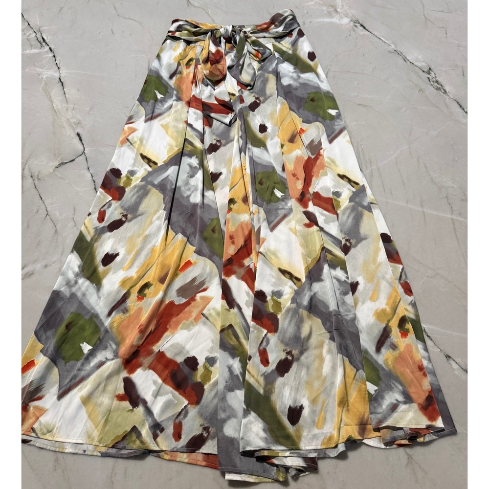 Gracia Multicolor Abstract Brushstroke Tie Waist Wide Leg Palazzo Pants Medium